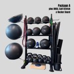 Functional training storage rack package with kettlebells, yoga balls, resistance bands, stretch mats, foam rollers, wall balls & slam balls, plus BOSU ball, Rocker Board and Calf Stretcher