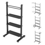 4 tier storage rack for kettlebells, dumbbells, bosu ball, foam rollers, hanging mats, resistance cords, strength bands, jump ropes and med/slam balls in commercial fitness rooms