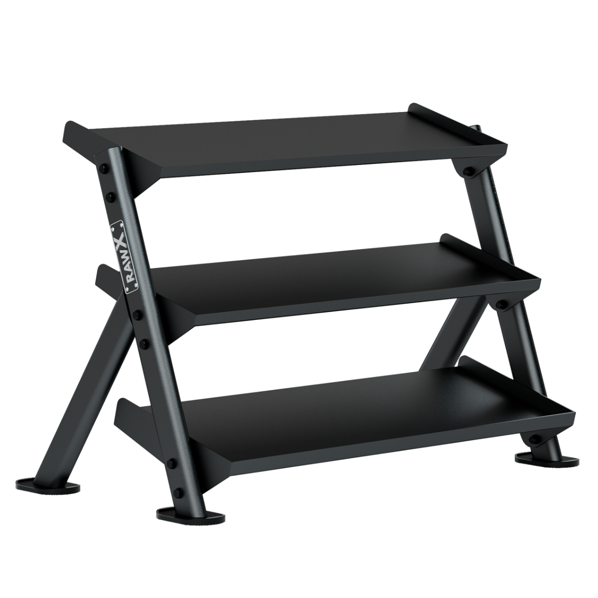 RawX Dumbell Rack Main 3 Tier dumbbell Rack with adjustable shelf for kettlebell storage