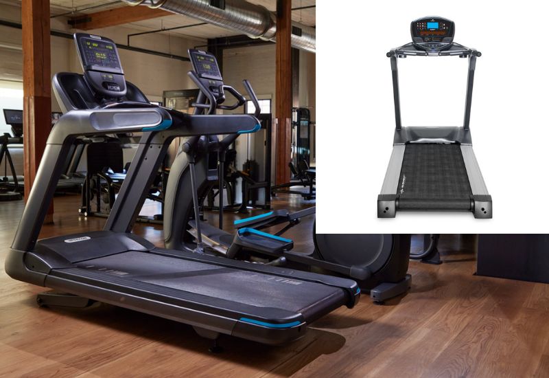 Image with a commercial treadmill on the left from Precor and a residential grade treadmill on the right
